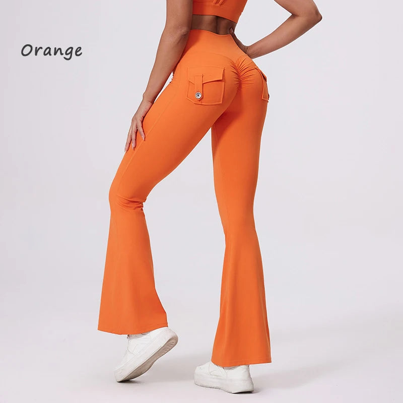 DIAS FIT JOY Pantalon de yoga évasé taille haute pour femme – Legging patte d'éléphant push-up avec poches, pantalon d'entraînement à séchage rapide pour la course, la gym, le fitness et l'exercice