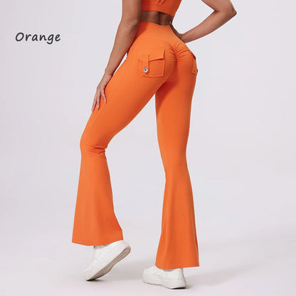 DIAS FIT JOY Pantalon de yoga évasé taille haute pour femme – Legging patte d'éléphant push-up avec poches, pantalon d'entraînement à séchage rapide pour la course, la gym, le fitness et l'exercice