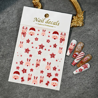 Christmas Nail Art Stickers – Red Glitter Snowflake, Elk & Snowman Self-Adhesive Holiday Manicure Decals (1–12pcs)