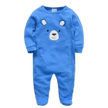 Spring Baby Boy Cotton Romper – Blue Bear Print Knit Jumpsuit & Newborn Overalls Pajamas, Soft Casual Outfit for Infants & Toddlers