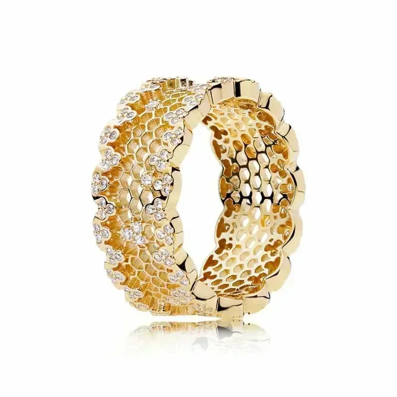 Anillo de moda ajustable con corona de corazón de plata de ley 925 chapado en oro con purpurina para mujer