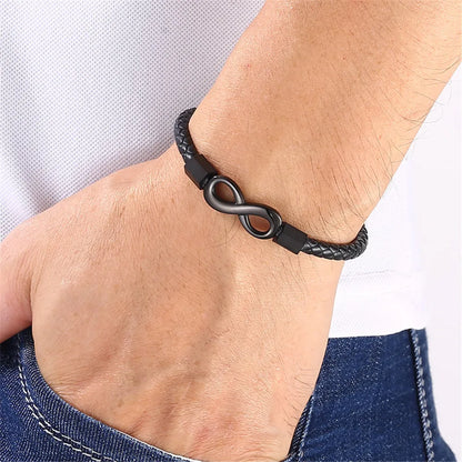 MKENDN Classic No. 8 Infinity Bracelet – Unisex Braided Leather Wristband with 316L Stainless Steel Details, Fashion Jewelry Gift