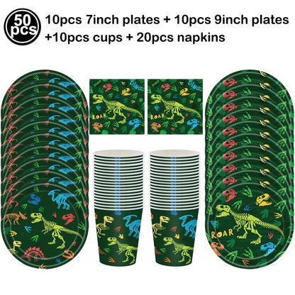 Jurassic Dinosaur Birthday Party Supplies – Dinosaur Fossil-Themed Disposable Plates, Cups & Napkins for Kids' Party Decorations