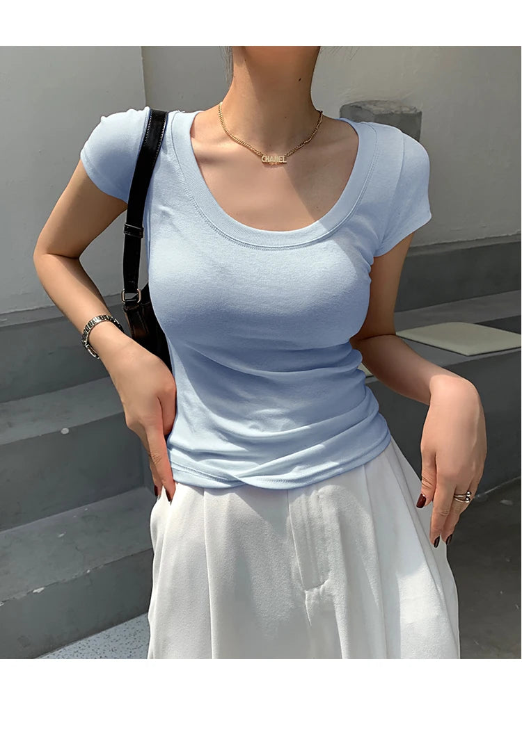 2026 Summer Women’s 100% Cotton Slim T-Shirt Casual Basic O-Neck Solid Korean Style Tee 16 Colors