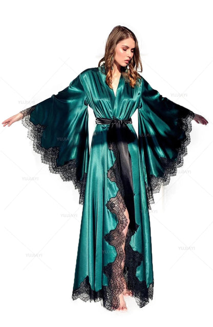 Women’s Black Silk Satin Kimono Robe – Lace Trim Wedding Bride Sleepwear Pajamas Photo Shoot Gown