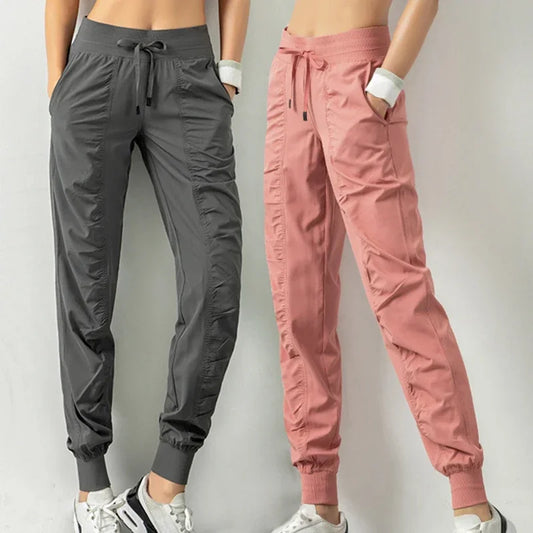 Pantalones deportivos de mujer de secado rápido, tipo jogger, con cordón ajustable, para gimnasio, fitness, con dos bolsillos laterales
