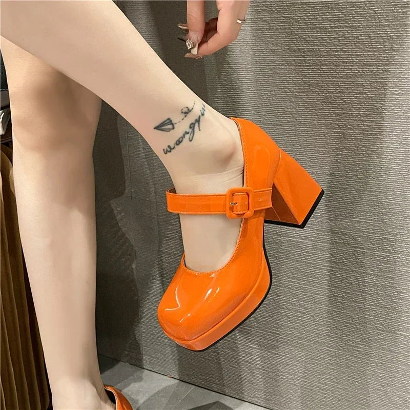 Women's Platform Square Toe Pumps – 7cm Chunky Heel High Heels in Orange, Non-Slip Dress Shoes with Big Size Options