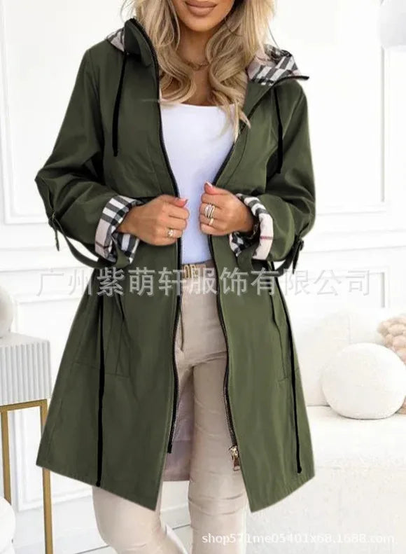 Women’s Hooded Plaid Trench Coat – Long-Sleeve Casual Cardigan Jacket, Solid Color Streetwear Outerwear for Autumn & Winter