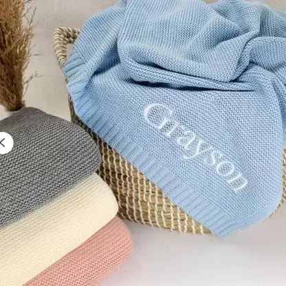 Personalized Baby Knitted Blanket – Custom Name Cotton Newborn Wrap for Winter Warmth & Comfort