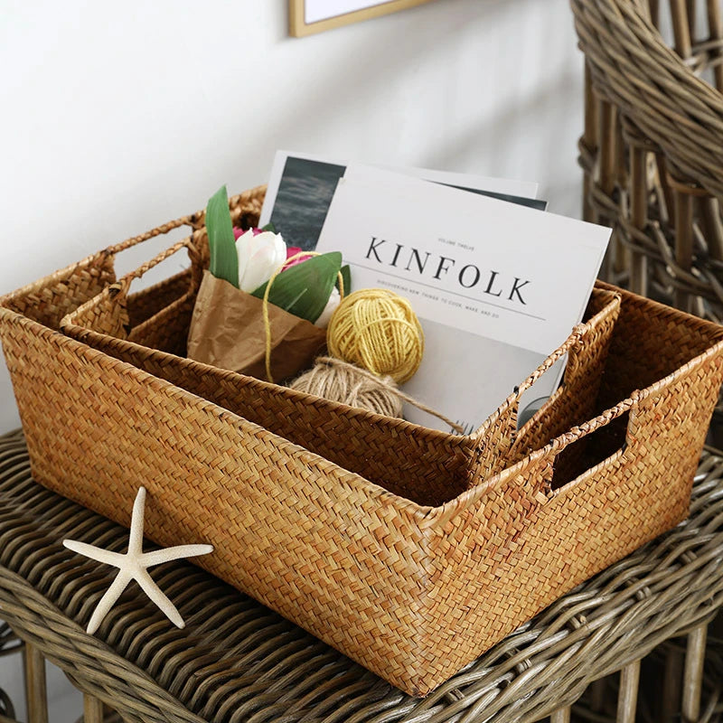 Zerolife Panier en jonc de mer naturel tressé – Grand panier de rangement en osier de paille pour la décoration intérieure, corbeille à fruits et à pain de table, organiseur de serviettes, récipient de rangement de cuisine et panier de ferme rustique