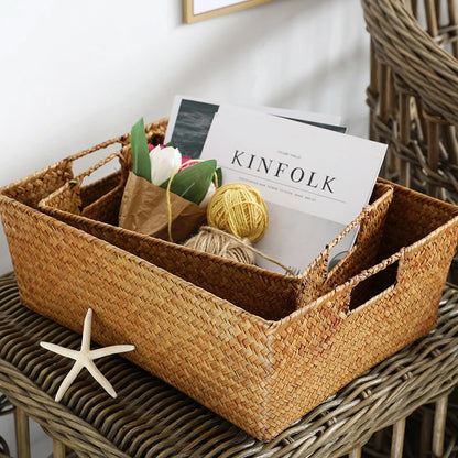 Zerolife Panier en jonc de mer naturel tressé – Grand panier de rangement en osier de paille pour la décoration intérieure, corbeille à fruits et à pain de table, organiseur de serviettes, récipient de rangement de cuisine et panier de ferme rustique