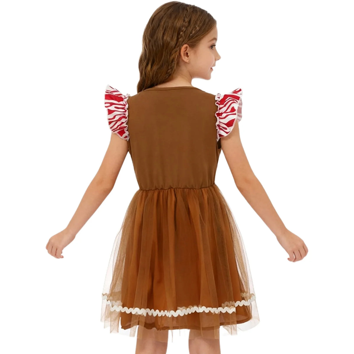 Girls' Christmas Gingerbread Man Costume Tulle Tutu Dress, Square Neck Short Sleeve Cosplay Outfit for Xmas and New Year Parties, Holiday Photo Shoots and Dress-Up Events