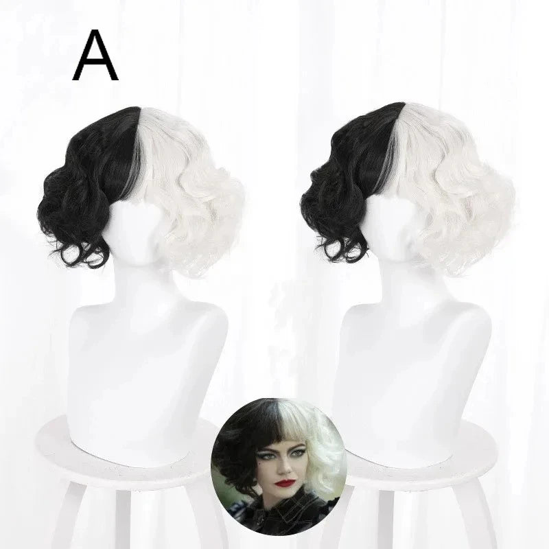 Cruella De Vil Halloween Cosplay Wig – Half Black Half White Short Curly Wig (Danganronpa Style)