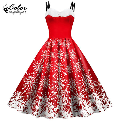 Women's Red Christmas Party Dress with 3D Snowflake Pattern, Vintage Chiffon Suspender Skirt Cosplay Costume, Festive Holiday Dress for Christmas Parties and New Year Celebrations