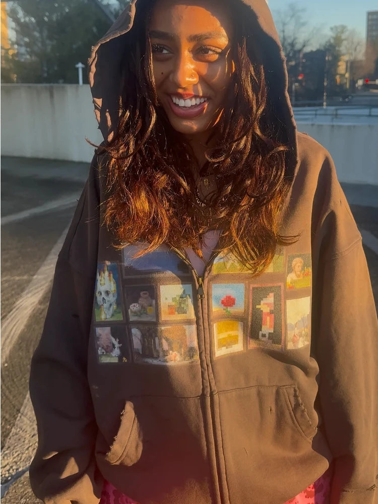 Sweat à capuche zippé marron rétro Y2K, coupe oversize, avec motif graphique pixelisé