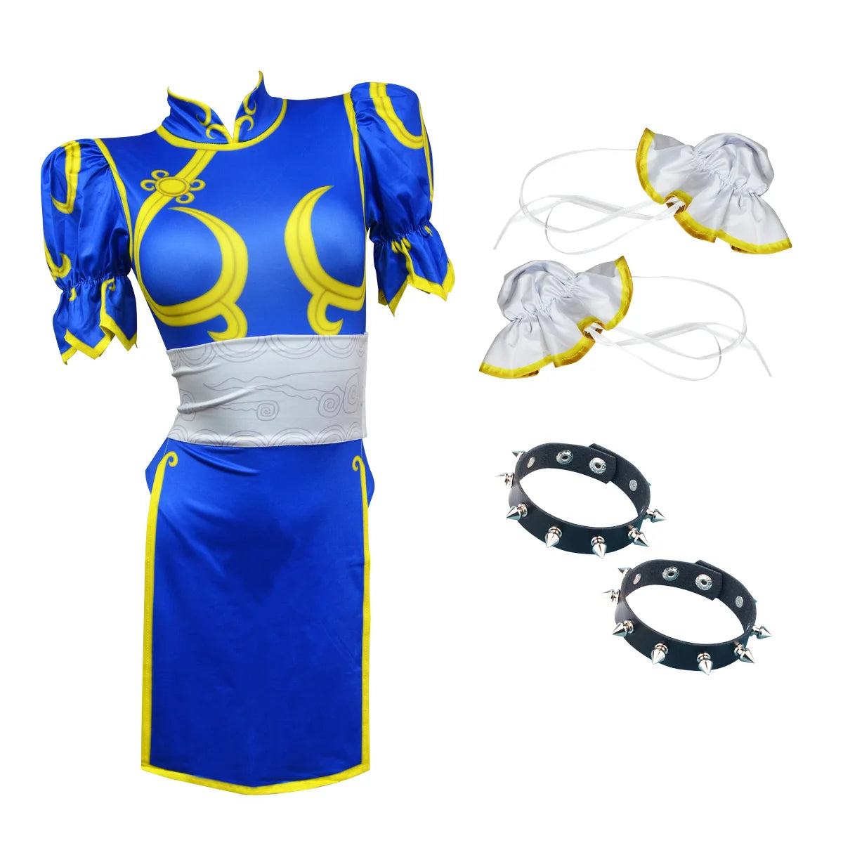 Chun-Li Cosplay Costume – Street Fighter Cheongsam Suit | Women’s Outfit with Wristbands & Headband (Halloween / Comic Con)