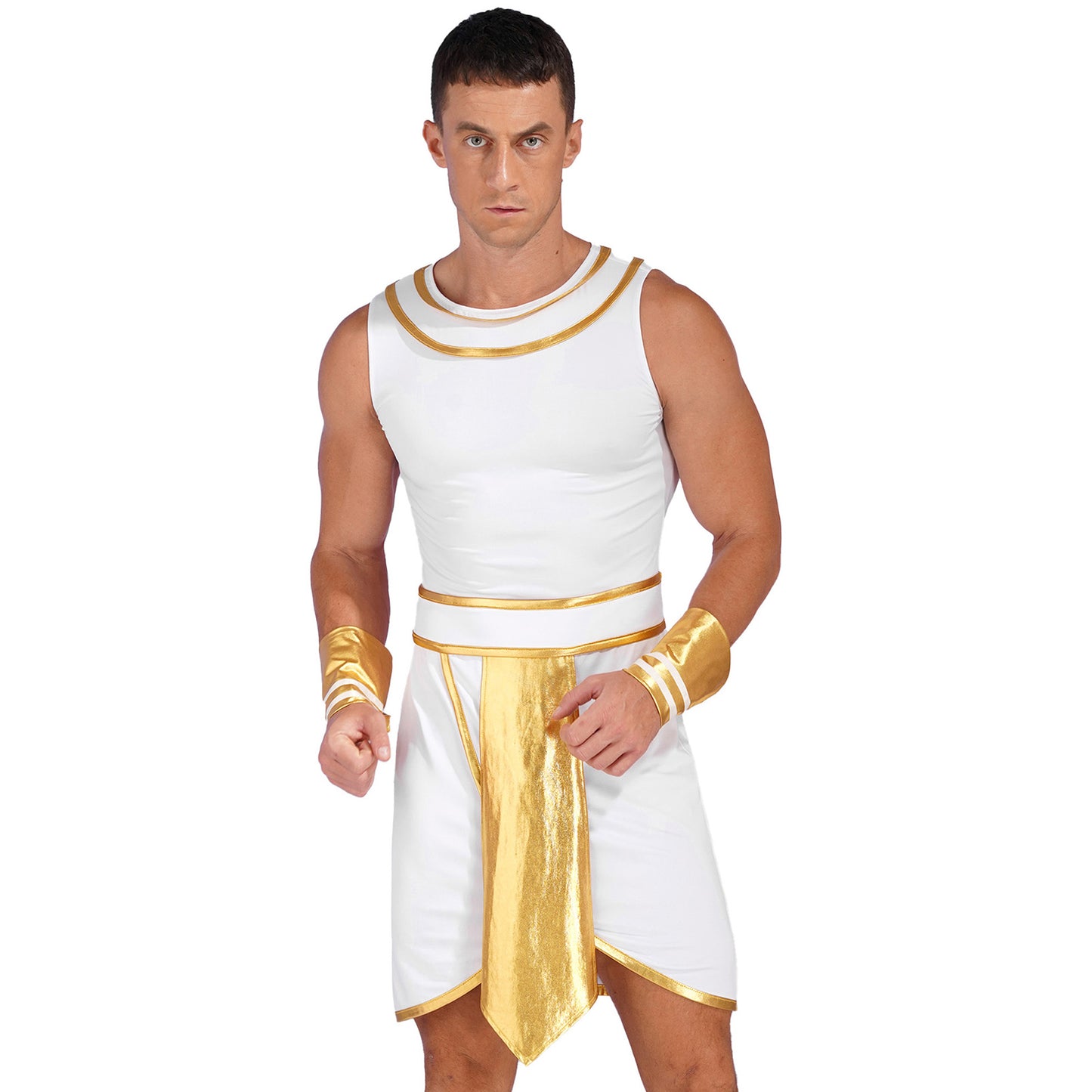 Men’s Ancient Greek & Egyptian Pharaoh Cosplay Costume – Metallic Shiny Toga Robe with Sleeves for Halloween & Roleplay