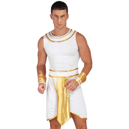 Men’s Ancient Greek & Egyptian Pharaoh Cosplay Costume – Metallic Shiny Toga Robe with Sleeves for Halloween & Roleplay