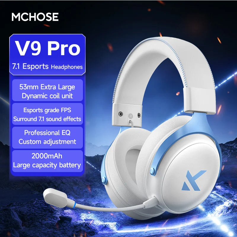 Casque de Jeu Sans Fil MCHOSE V9 Pro 3 Modes – Casque d'Esports Bluetooth, 2.4 GHz & Filaire avec Microphone Anti-Bruit