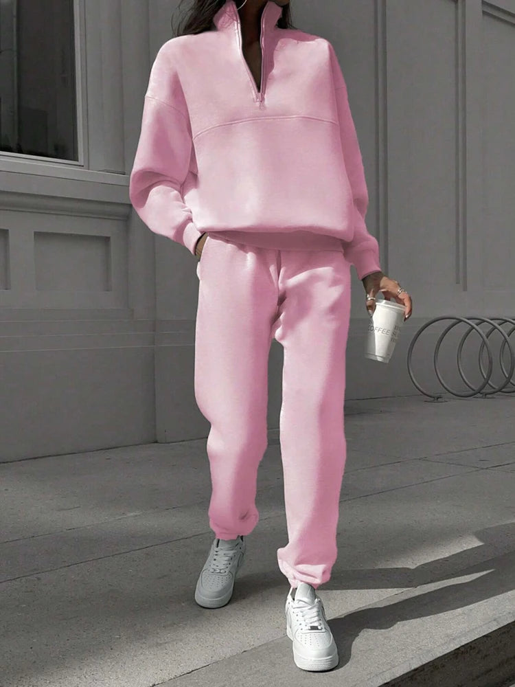 FSMG Women’s Casual 2-Piece Tracksuit Set – Half High Neck Long Sleeve Zip Pullover & Elastic Waist Pants, Solid Sport Outfit