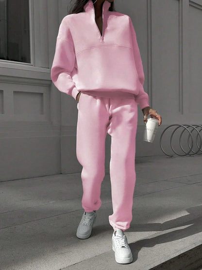 FSMG Women’s Casual 2-Piece Tracksuit Set – Half High Neck Long Sleeve Zip Pullover & Elastic Waist Pants, Solid Sport Outfit