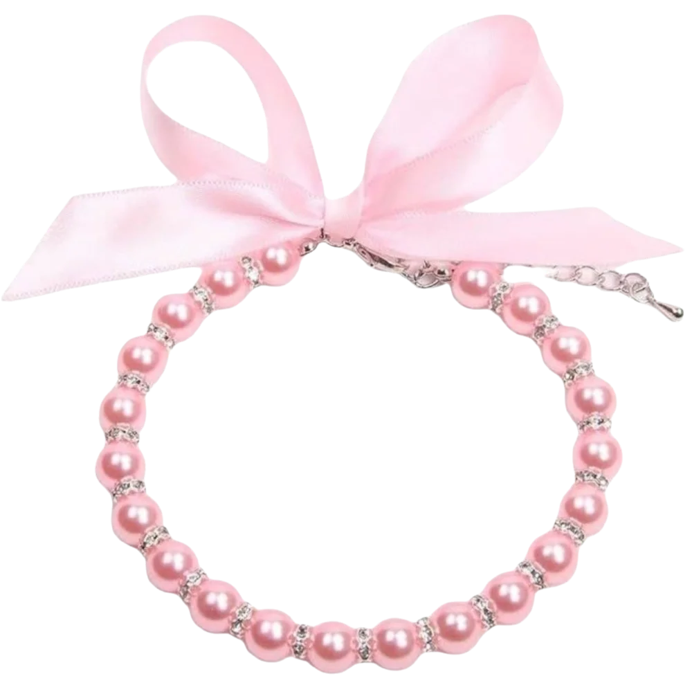 Adjustable Pearl Pet Collar – Bling Simulated Pearl Beaded Necklace with Elegant Bow Knot Ribbon for Cats & Small Dogs
