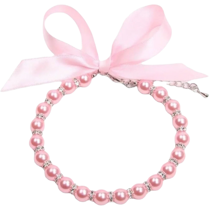 Adjustable Pearl Pet Collar – Bling Simulated Pearl Beaded Necklace with Elegant Bow Knot Ribbon for Cats & Small Dogs