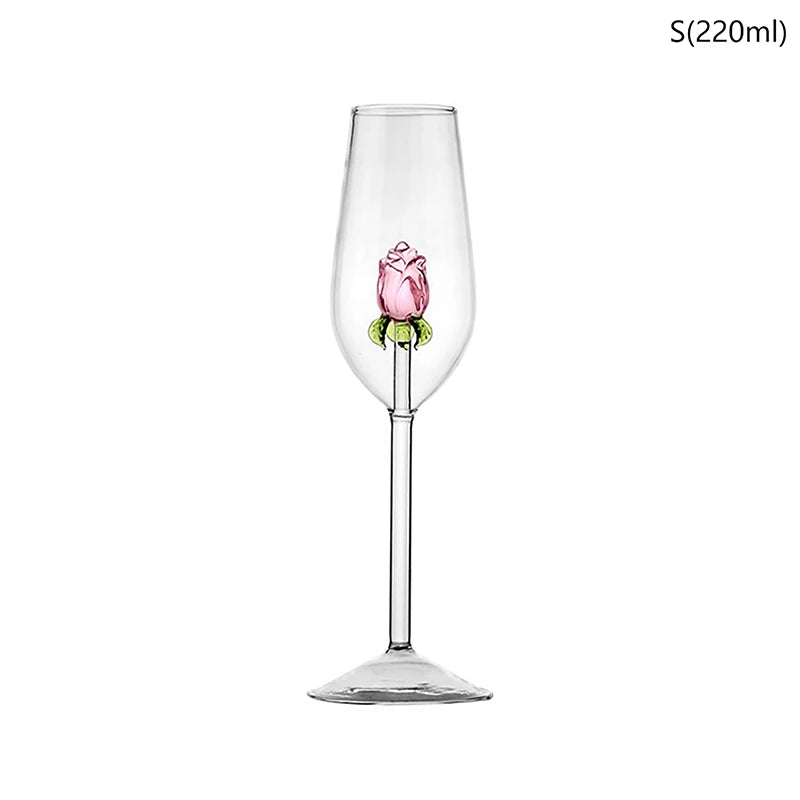 3D Pink Glass Rose Wine Glass Goblet, Red White Wine Cup, Champagne Flute Drinkware, Romantic Valentine’s Day Gift