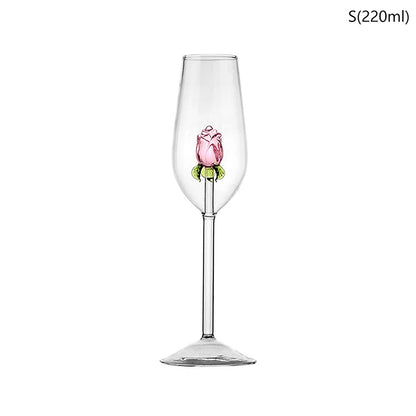 3D Pink Glass Rose Wine Glass Goblet, Red White Wine Cup, Champagne Flute Drinkware, Romantic Valentine’s Day Gift