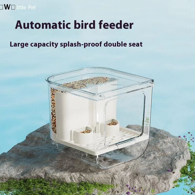 W Double-Slot Automatic Bird Feeder – Large-Capacity Transparent Hanging Food Dispenser with Splash-Proof Design for Bird Cages