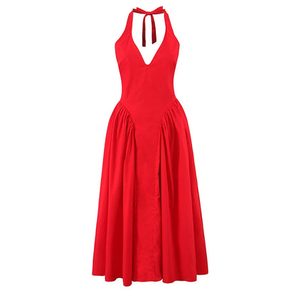 YENKYE Women’s Sexy Backless Green Halter Midi Dress Elegant Low Waist A-Line Cotton Summer Evening Party Robe