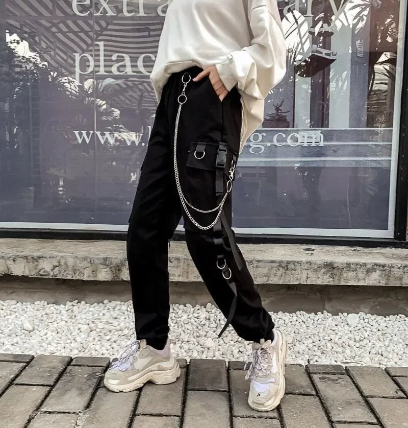 Pantalon Cargo Décontracté Noir pour Femmes Style Coréen Taille Haute Ample Hip Hop Jambe Droite Printemps Automne