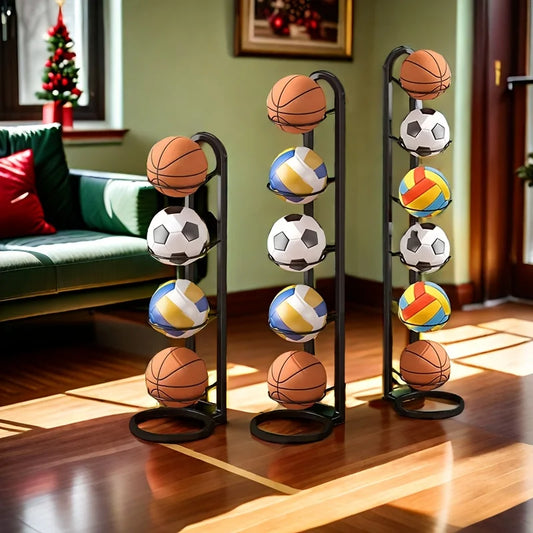Estante organizador de balones de metal negro – Soporte de almacenamiento de balones multifuncional para el hogar, garaje y gimnasio
