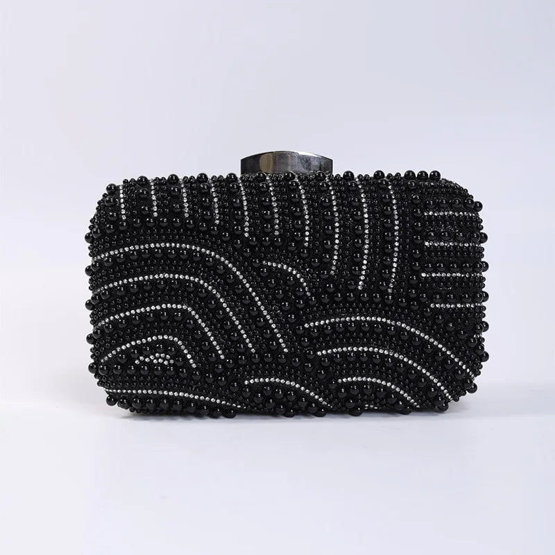 Elegant Pearl Evening Clutch Bag for Women Beaded Wedding Party Purse with Long Chain Strap