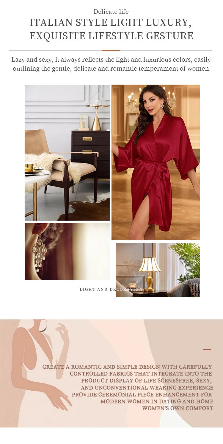 Women’s Summer Ice Silk Robe – Sexy Lace-Up Bathrobe Morning Gown Home Dress Loungewear