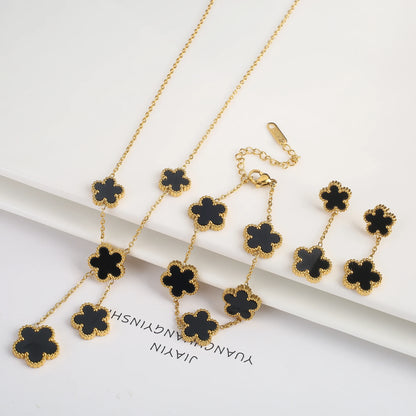 3Pcs Women’s 18K Gold Plated Five Leaf Flower Jewelry Set Clover Necklace Earrings Bracelet Party