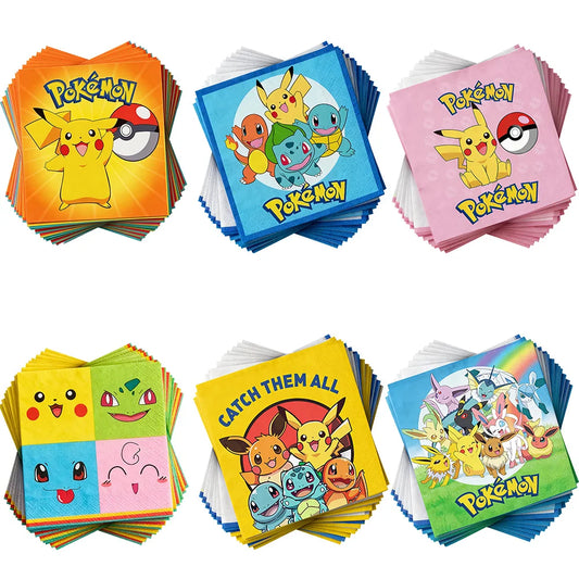 Servilletas de papel Pokémon Pikachu (20/40/60/100 unidades) – Suministros para fiestas de cumpleaños para niños y niñas, decoraciones y regalos de cumpleaños