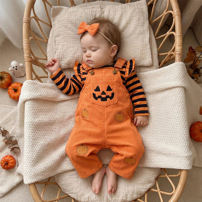Toddler Girls 3-Piece Halloween Outfit – Long-Sleeve Striped Romper with Pumpkin & Ghost Embroidery, Overalls & Bow Headband