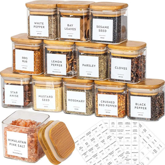 Juego de botes de especias de cristal de 5 oz con etiquetas – Contenedores cuadrados de cristal con tapas de bambú, etiquetas adhesivas, recipientes de almacenamiento de alimentos para especias, hierbas, condimentos y organización de cocina