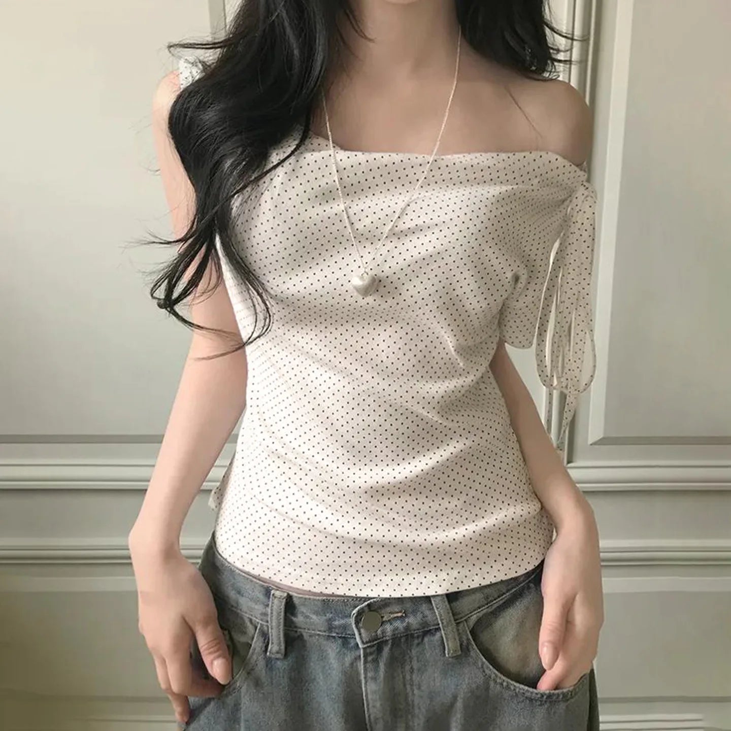 Women’s Sweet Polka Dot One Shoulder T-Shirt Korean Style Slim Fit Summer Casual Office Top