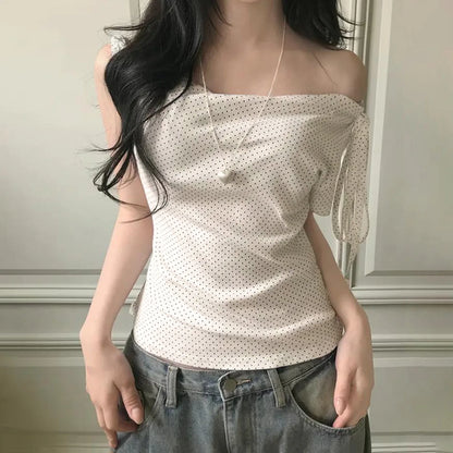 Women’s Sweet Polka Dot One Shoulder T-Shirt Korean Style Slim Fit Summer Casual Office Top