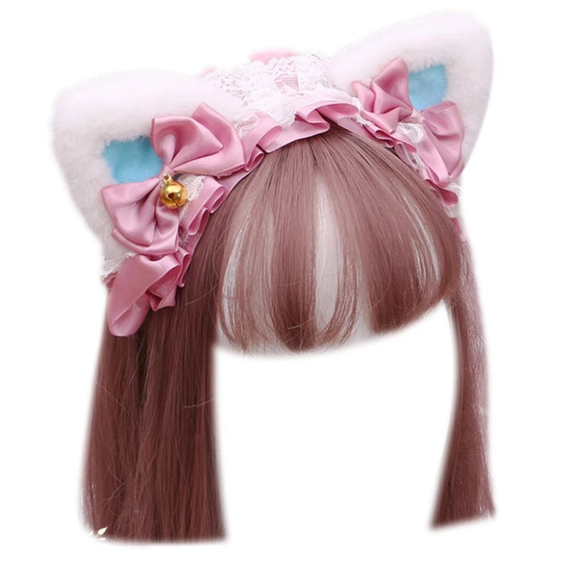 Cute Anime Lolita Cat Ear Headband, Plush Animal Ears with Ruffled Lace, Ribbon Bow and Bell, Kawaii Cosplay Hair Hoop for Masquerade, Costume Parties, and Daily Wear