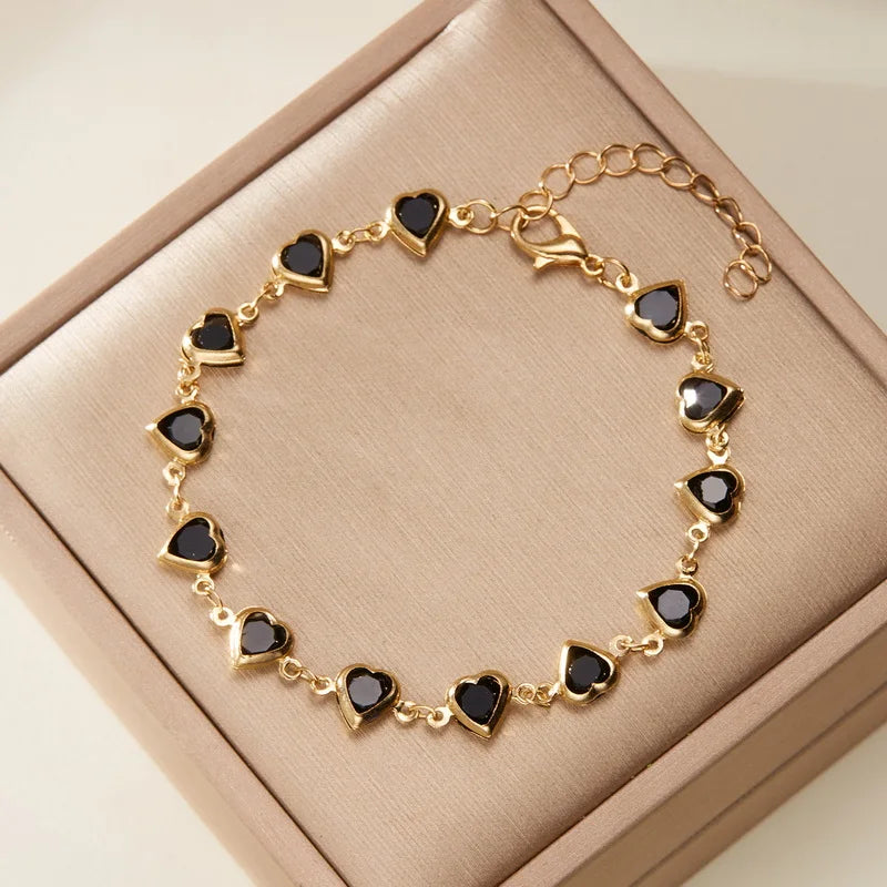 Elegante Pulsera de Zirconia de Cristal Rojo – Pulsera de Cadena Metálica con Corazón Colorido para Mujer, Boda, Fiesta y Joyería de Regalo