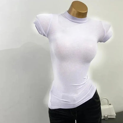 Half High Collar Korean T-Shirt – Transparent Short Sleeve Slim Fit Elastic Inner Top, Solid Color Bottoming Shirt for Women, Stylish Layering & Fashion Casual Wear