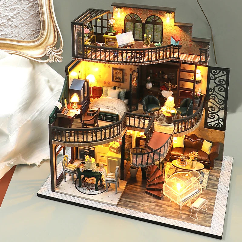 Wooden Dollhouse 3D Puzzle Kit – DIY Miniature Room Model with Furniture & LED Lights Home Decoration