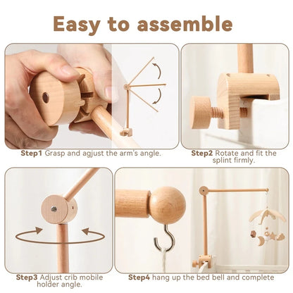 Baby Wooden Bed Bell Bracket – Newborn Crib Mobile Stand for 0-12 Months, Wooden Hanging Toy Holder with Crochet Bed Bell Rattle, Infant Nursery Decoration & Sensory Baby Toy Accessory