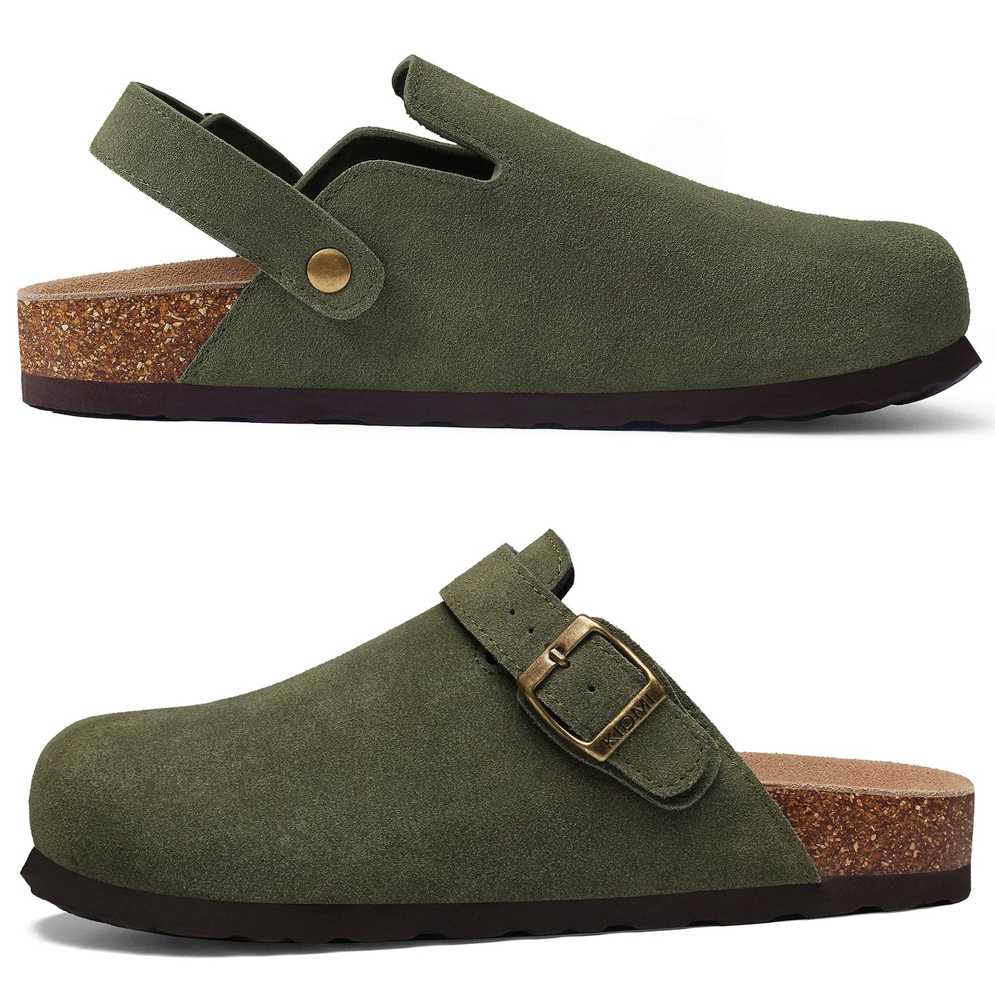 Kidmi Zuecos de ante de vaca para mujer y hombre, mules con plantilla de corcho, correa ajustable y soporte para el arco del pie