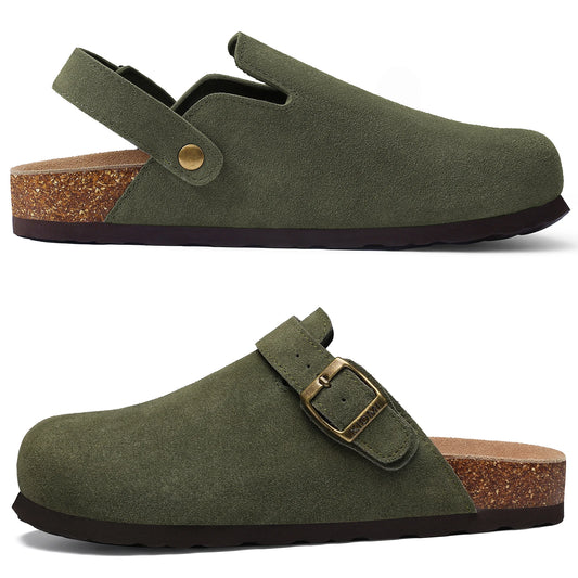 Kidmi Zuecos de ante de vaca para mujer y hombre, mules con plantilla de corcho, correa ajustable y soporte para el arco del pie