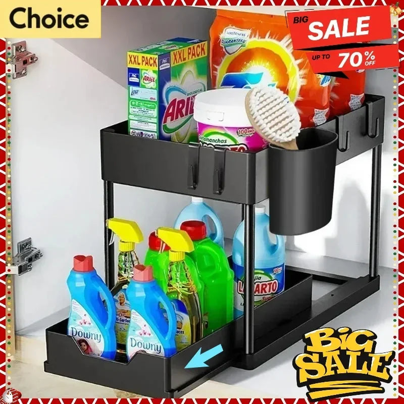 2-Tier Kitchen Sink Organizer – Sliding Cabinet Basket with Hooks & Cups for Space-Saving Storage