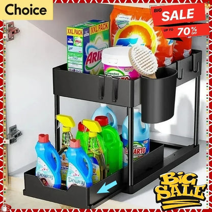 2-Tier Kitchen Sink Organizer – Sliding Cabinet Basket with Hooks & Cups for Space-Saving Storage